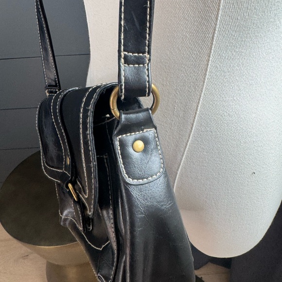 Black Faux Leather Crossbody Bag Gold Accents White Stitching and Wallet Classic - Picture 7 of 9